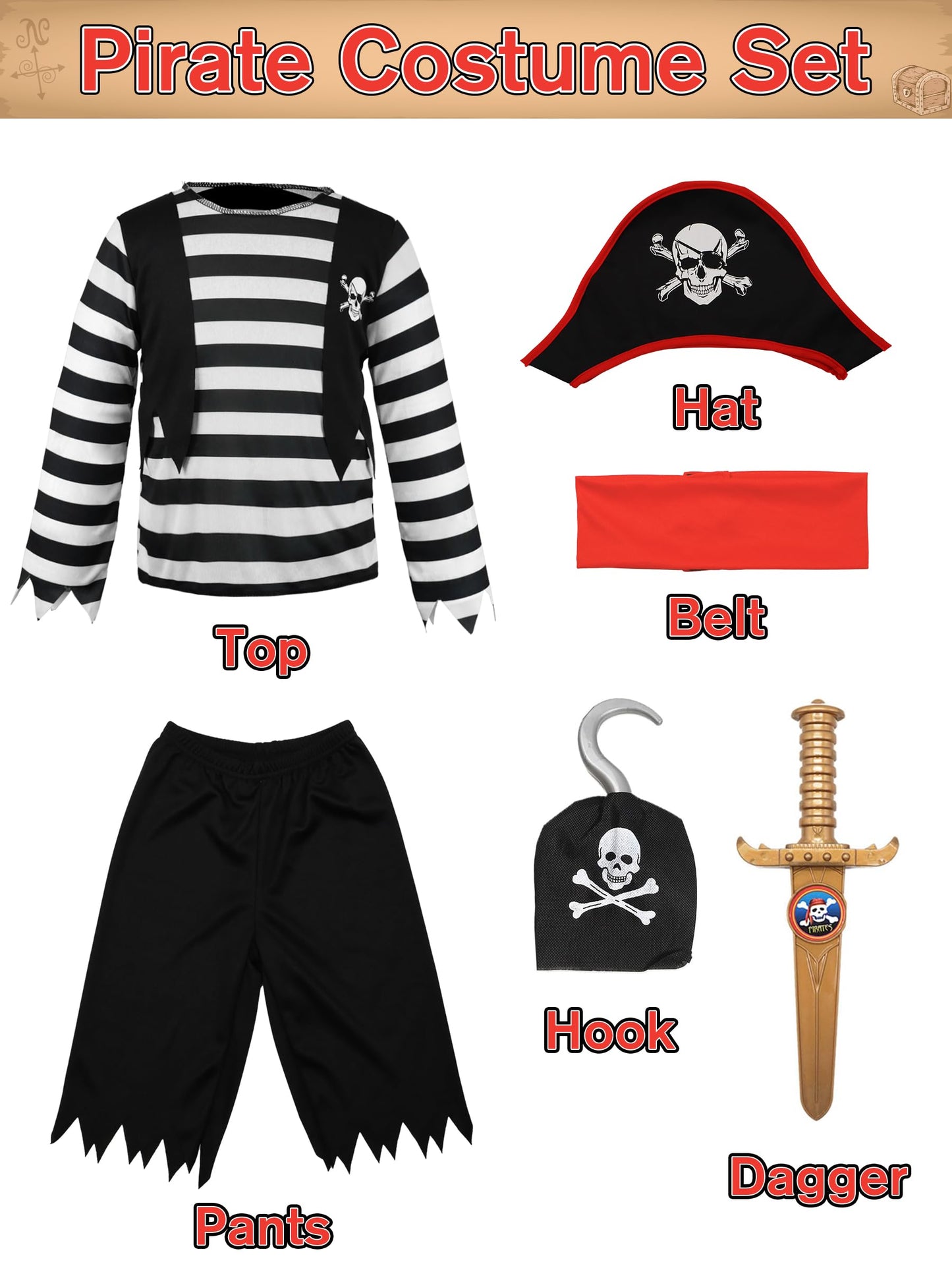 IKALI Pirate Costume for Kids Boys,Toddler Pirate Role Play Dress Up