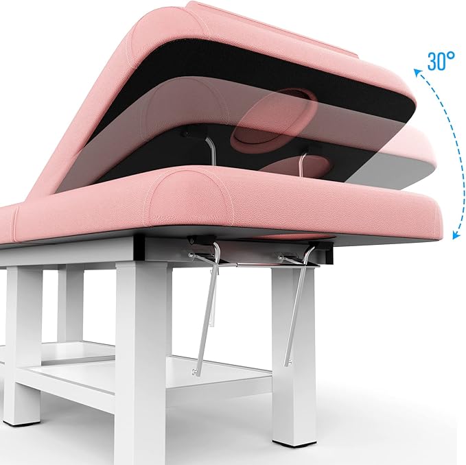 Stationary Massage Table with Backrest and Storage Space, 6 Square Legs Metal Frame PU Leather, 31.5'' Wide × 75'' Long for Treatment Table Physical Therapy Table Spa Facial Bed, Pink