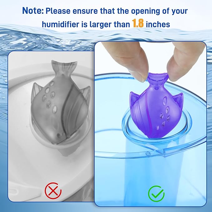 Funmit Humidifier Cleaning Fish, 12 Pack Humidifier Cleaner for Humidifiers and Fish Tanks, Purifies Water, Prevents Hard Water Build-Up, Reduces Scale, Purple
