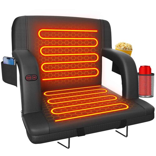 Suteck Dual-Sided Heated Stadium Seats for Bleachers with Back Support, 25" Portable Heated Bleacher Seat with Backrest, 3 Heat Levels, 5 Pockets – Ideal for Outdoor Stadiums and Events - Black