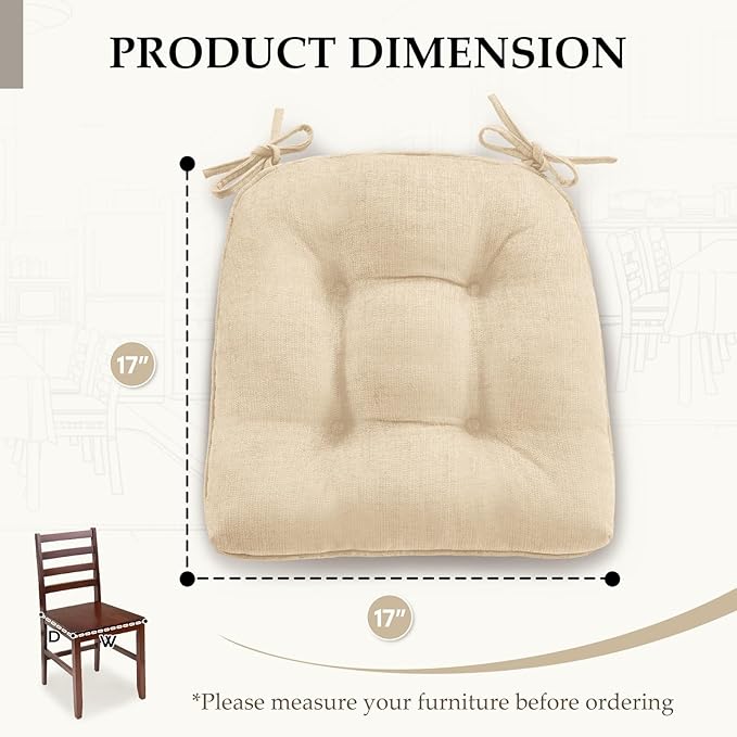 HARBOREST Chair Cushions for Dining Chairs Set of 6 - Chenille Tufted Kitchen Chair Cushions with Ties and Non-Slip Bottom, Foam Chair Pads for Dining Chairs, 17" x 17", Ivory