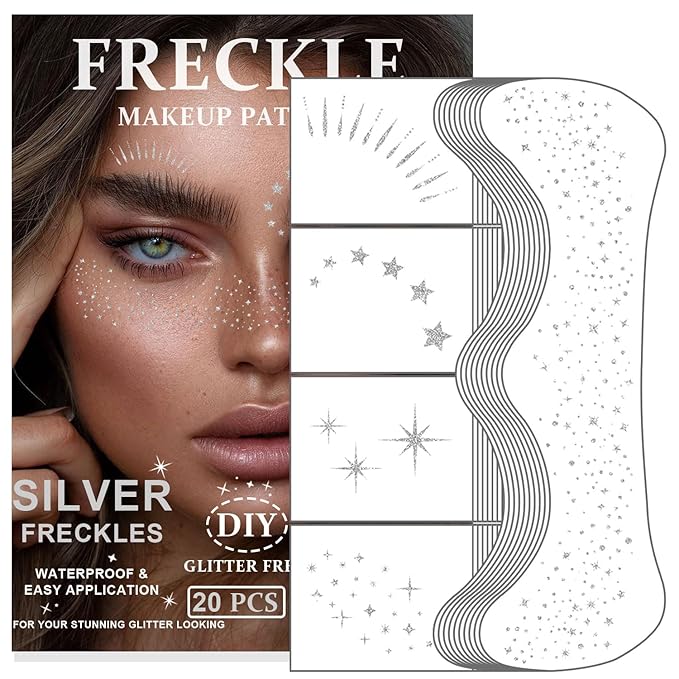 20PCS Glitter Freckles, Glitter Freckles Face Tattoo, Sparkle Freckles for Women and Kids, Cute Star Waterproof Silver Tem...