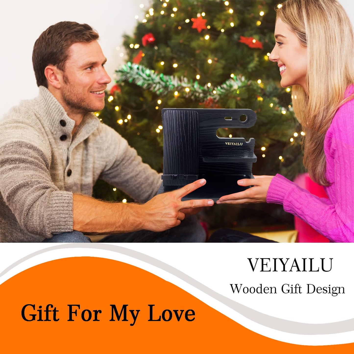 VEIYAILU Gifts for Dad Men Mom Women from Daughter Son Birthday Gifts Nightstand Organizer Mens Wood Phone Docking Station (Black)
