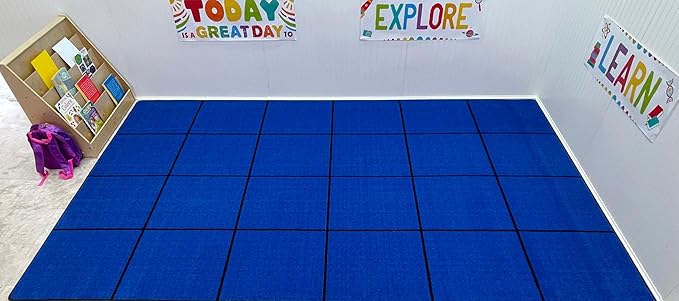 Kids Carpet Blocks Seating Classroom Rug Blue with 24 Squares, 7'6" x 12' Rectangle Educational Rug for Home or School Learning Area | Area Rug for Kids