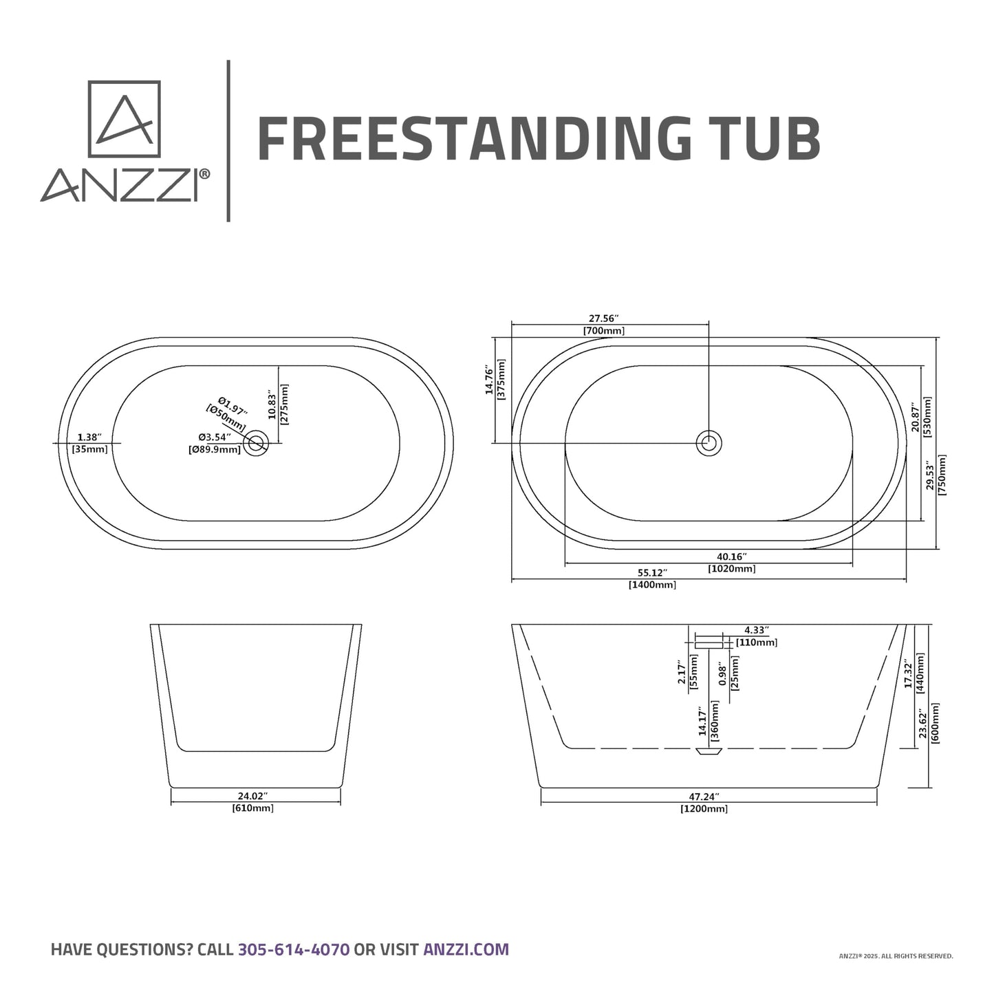 ANZZI Freestanding Bathtub 55 In Acrylic Soaking Tub Flat Bottom One Piece Marine Grade Build Glossy White Center Drain Chrome Overflow 73 Galon 55.12 x 29.53 x 22.83'' In Chand Series | FT-AZ098-55