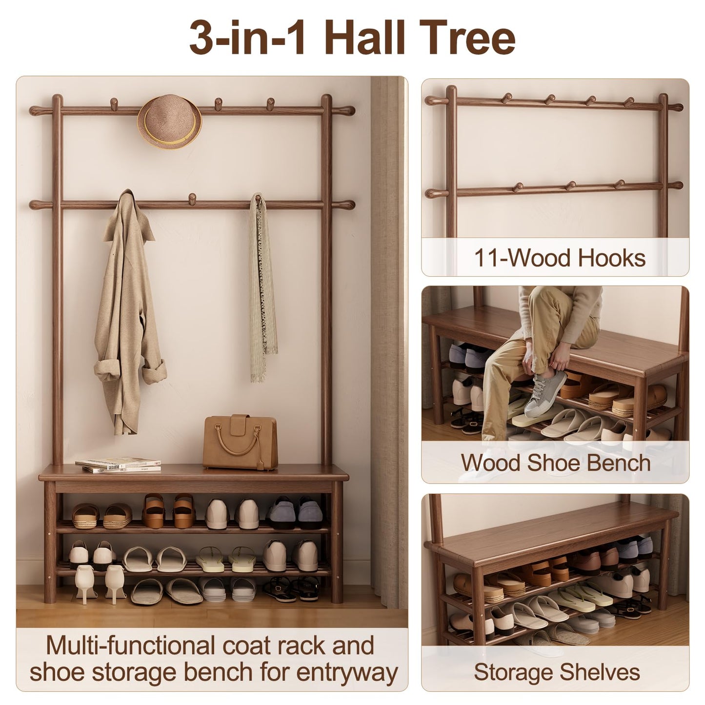 AQIMUELE Coat Rack with Shoe Storage, Wooden Hall Tree with Bench, 11 Hooks and 2-Tier Storage Shelves, 3-in-1, Entryway Bench with Coat Rack (39.3"-Walnut)