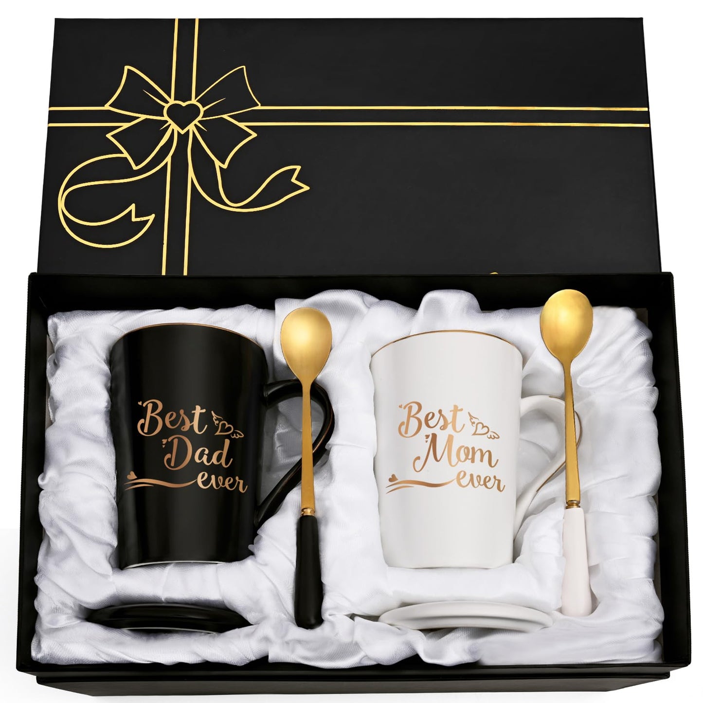 YHRJWN Mom and Dad Gifts, Best Dad and Mom Mug, Christmas Birthday Gifts for Parents from Daughter Son New Parent Couple Gift Set, Christmas 14 Oz Coffee Mug with Gift Box Coaster Spoon