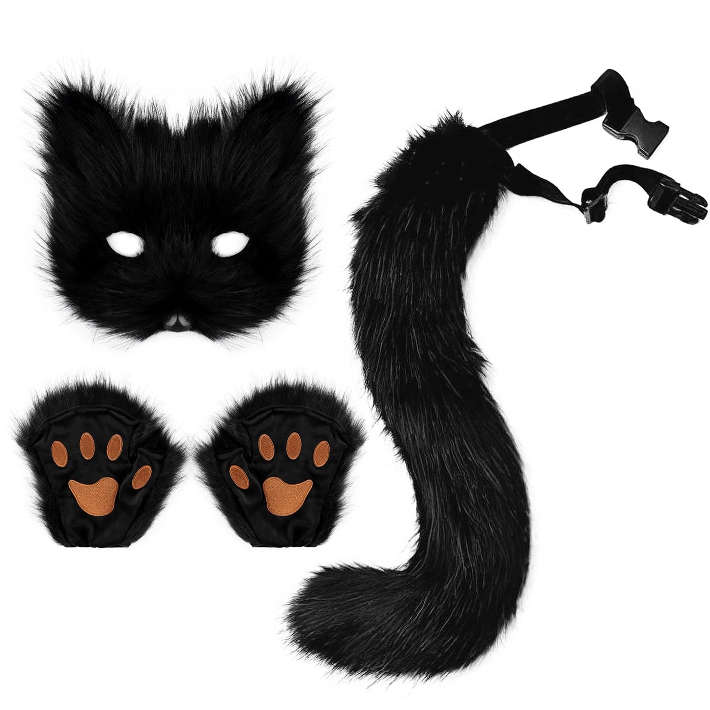 Adolala Faux Fur Fox Tail Cat Wolf Cosplay Costume Set Plush Mask Fluffy Paw Gloves Halloween Christmas Party for Girls Women