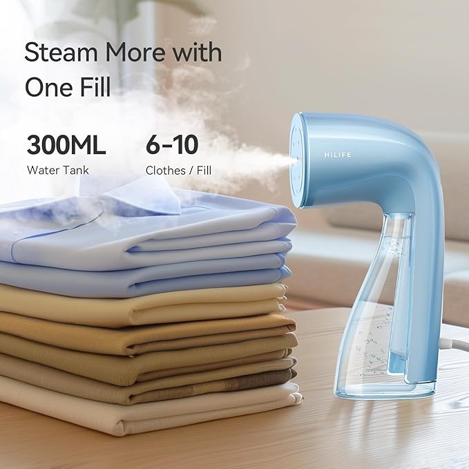 HiLIFE Steamer for Clothes, 1100W Clothes Steamer, Fast Wrinkle Removal with Large 300ml Tank, Ideal for All Fabrics, Easy to Use, Compact and Portable Travel Garment Steamer
