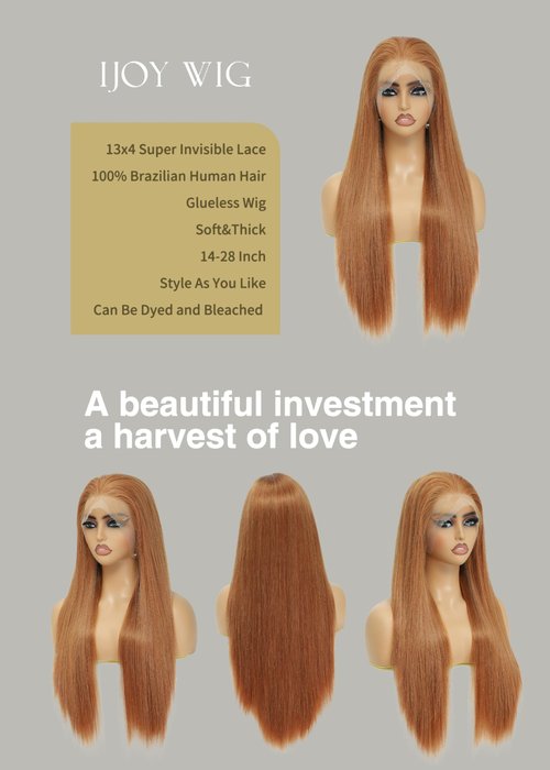 ijoy Light Brown 180% Density 13x4 Lace Front Wigs Human Hair Ginger Brown Straight Wig Pre Plucked with Baby Hair For Women 16 Inch