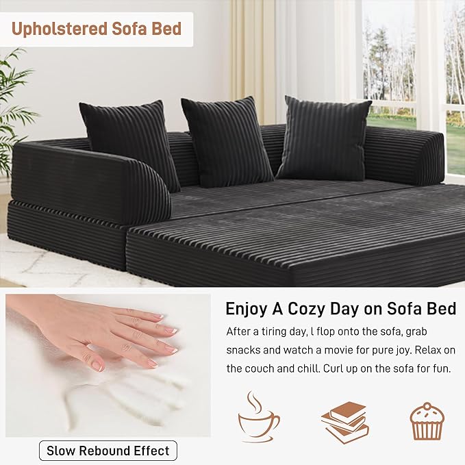 Folding Convertible Sofa Bed with 3 Pillows, 79 " Corduroy Boneless Couch with Armrest Pockets, Lounge Loveseat Sleeper with Pull Out Bed, Memory Foam Compressed Sofa for Living Room Bedroom, Black
