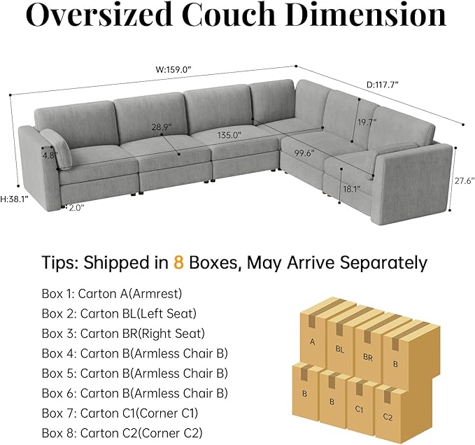 CUGOAO 159'' Modular Sectional Sofa, Oversized L-Shaped Sectional Couch, Deep Seat Chenille Cloud Couch, Removable Cover, Mordern Upholstered Couches for Living Room, Apartment, Office, Grey