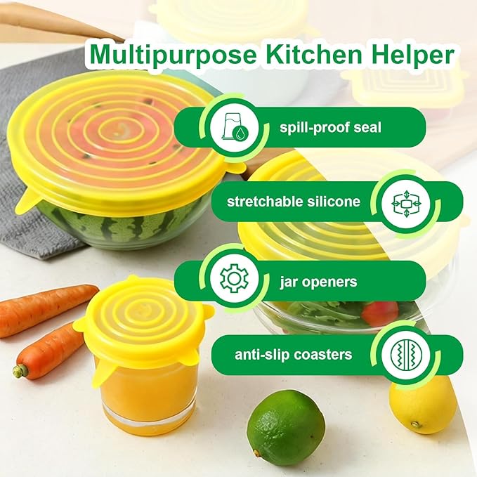 Silicone Stretch Lids – 6 Pack Reusable Food Covers,Flexible Silicone for Bowls, Containers, Fruits – Airtight & Leakproof Seal for Kitchen Storage(yellow)