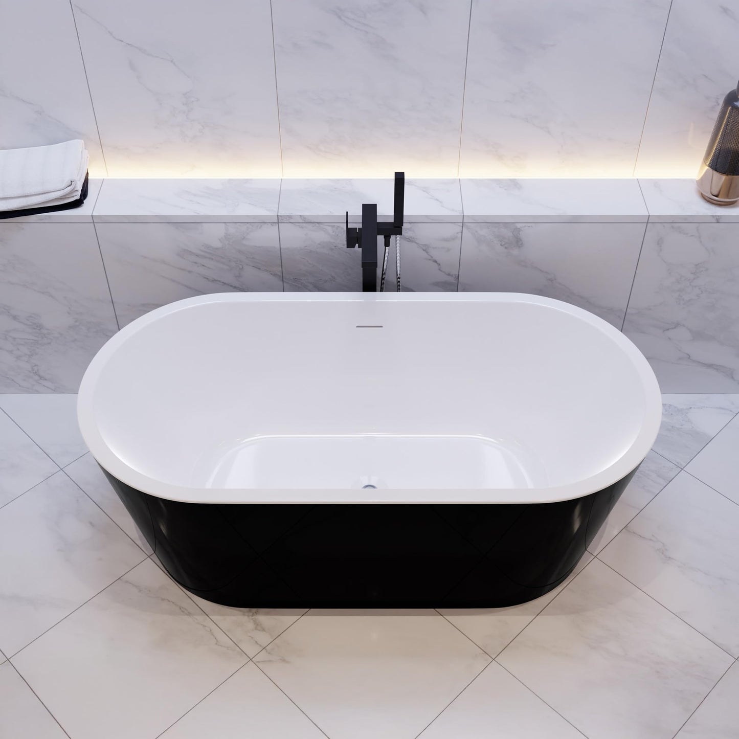 ANZZI Chand Series 67 in. x 32 in. Flat Bottom Acrylic Freestanding Soaking Bathtub with Overflow and Center Drain in Glossy Black