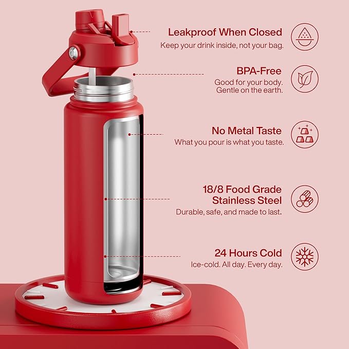 ENCOOL Insulated Water Bottle with Straw Stainless Steel Water Bottle, Leak-Proof, BPA-Free, Double Wall Vacuum Keeps Cold for 24 Hours for Sports, Travel, School (32 oz, Medium Carmine)