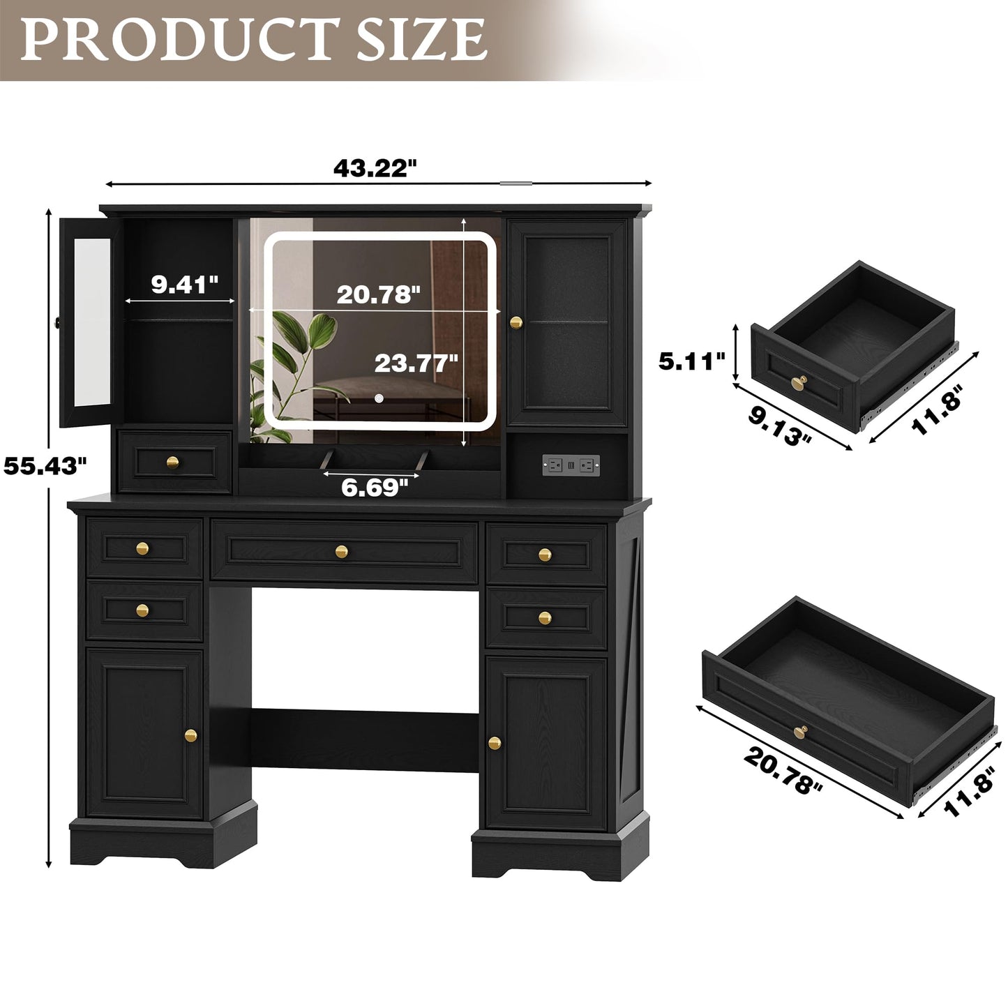 Vanity Desk with HD Lighted Mirror & Power Outlet, Farmhouse Makeup Vanity Table Set with Storage Drawers & RGB Cabinets, Large Dressing Table with 3 Lighting Modes for Women Girls Kids Bedroom, Black
