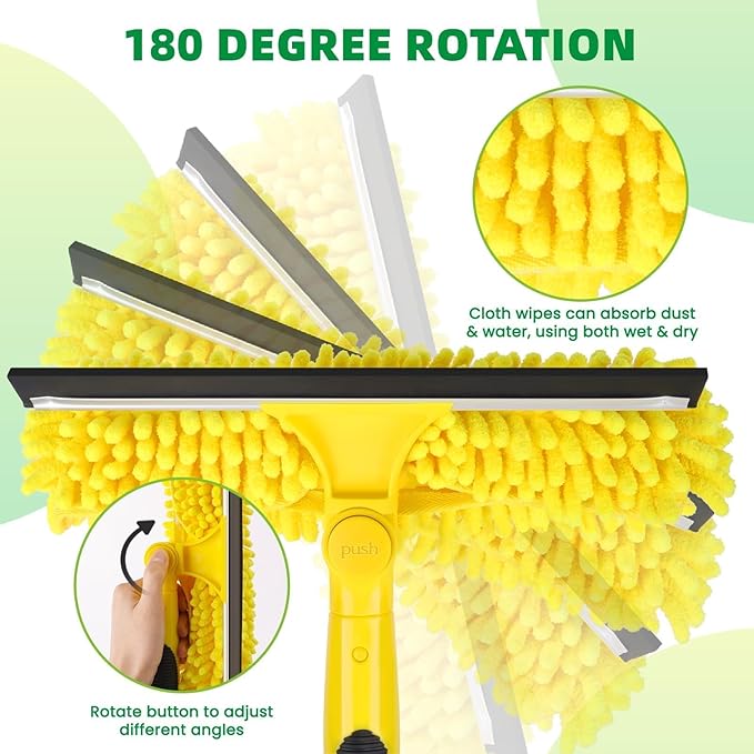 370'' Long Reach Window Squeegee with Telescoping Extension Pole, 2-in-1 Indoor/Outdoor Cleaning Tool with 270° Rotatable Head, Lightweight Alloy Aluminum Pole for Shower Door, Mirror, Car Windshield