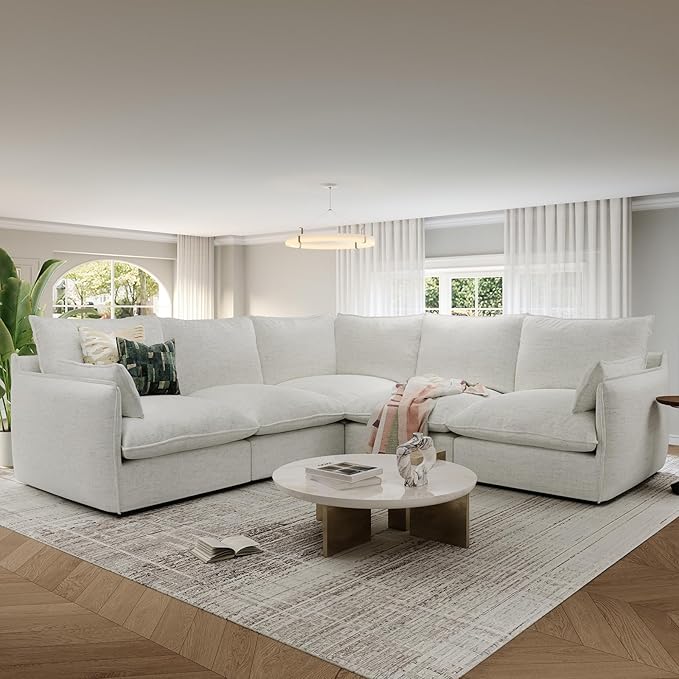 Lopzeho Cloud Modular Sectional Sofa, Waterproof Down Filled Sectional Sofas, High Backrest V Shaped 5 Seater Sectional Couches for Living Room, Modern Modular Couch with Removable Cover, Cream White