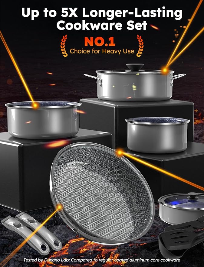 Pro DUXANO 12PC Nonstick Pots and Pans Set&Hybrid 3-Ply Stainless Steel Skillet, High Heat Sear&Fry, 2-Layer Ceramic Induction Cookware, 9H Scratch-Resistant&Anti-Warp,PFAS Free,All Cooktop/Dishwasher