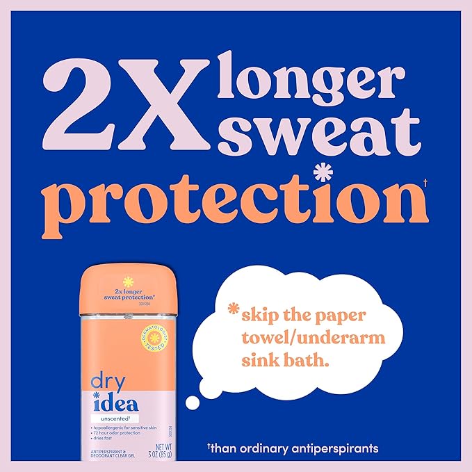 Dry Idea Gel Deodorant & Antiperspirant for Women - Hypoallergenic for Sensitive Skin, 2X Longer Sweat Protection, 72Hr Sweat & Odor Protection, Unscented Womens Deodorant, 3 oz (6 Pack)