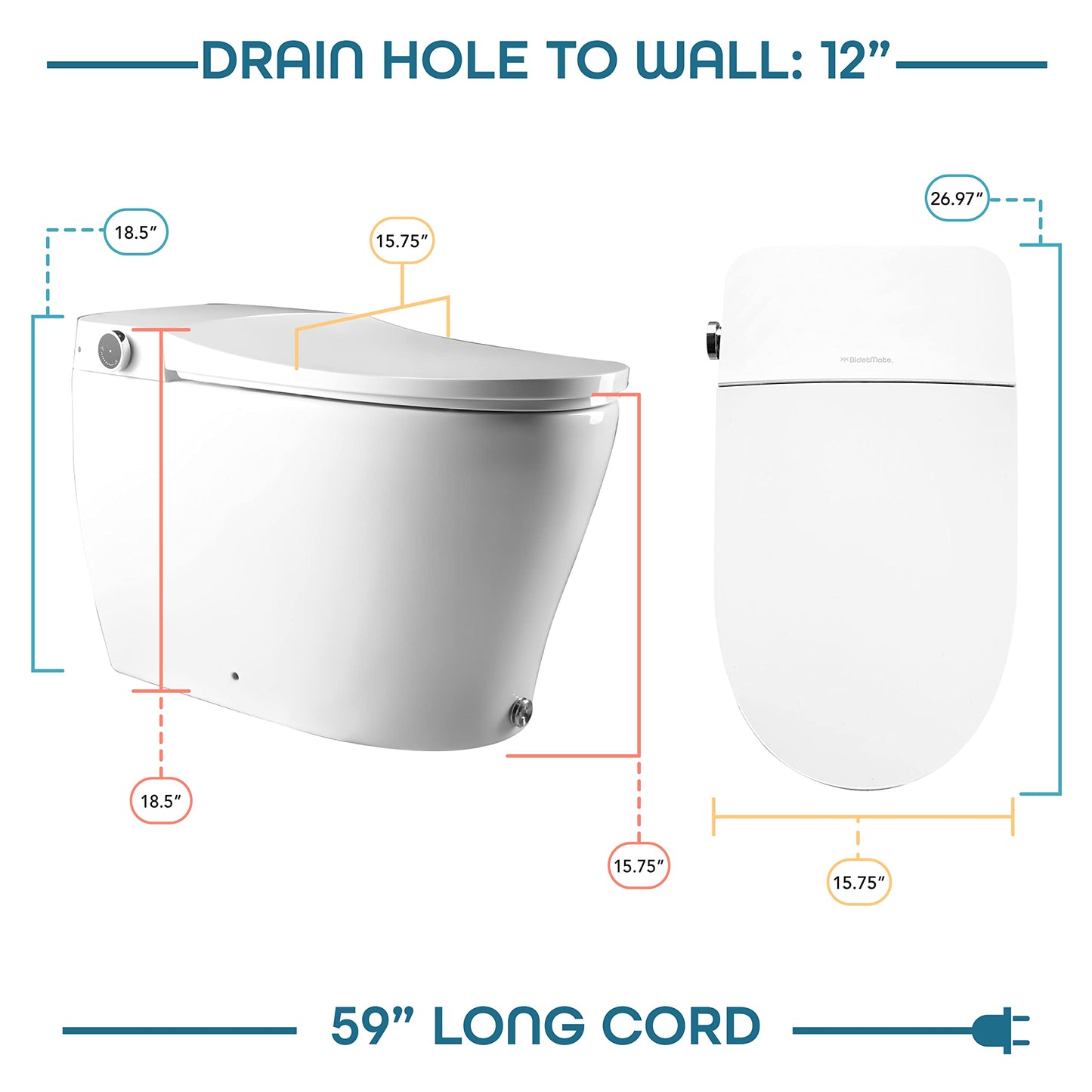 BidetMate 6000 Series Intelligent Bidet Japanese Toilet Combination – Hands-Free Open/Close toilet and bidet – Instant Heated Water, Dryer, & Seat – Quick Drying Cyclone-Dri, Auto Flush, Night Light