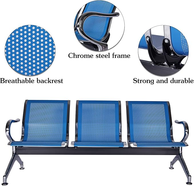 Kinsuite Set of 2 Waiting Room Chairs with Arms - 3-Seat Airport Reception Bench, Lobby Bench Seating for Business Hospital Market, Blue