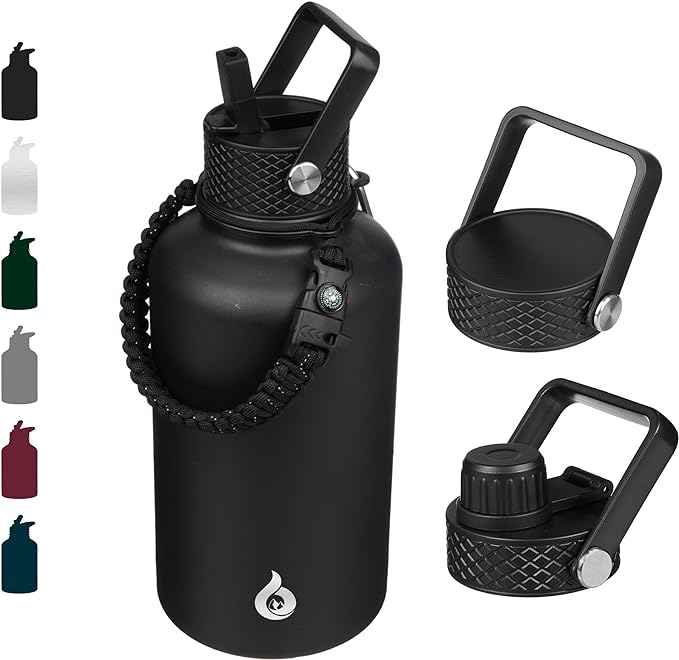 BJPKPK Half Gallon Insulated Water Bottles with Straw Lid, 64oz Large Water Jug, Stainless Steel Bottles with 3 Lids and P...