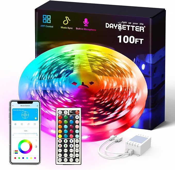 DAYBETTER Smart RGB Led Strip Lights, 100ft Led Lights for Bedroom with App Control, Multicolor Changing Led Light Strips ...
