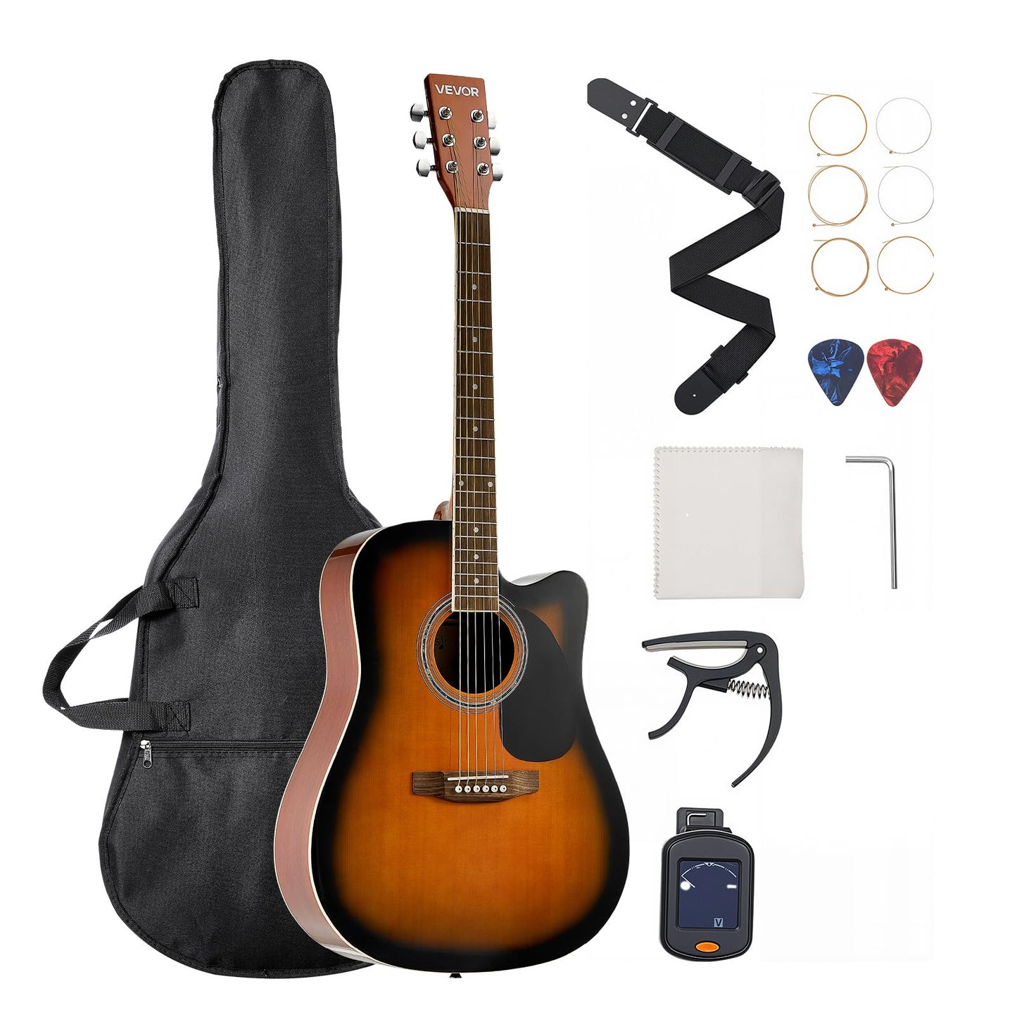 Vevor 41 In Cutway Acoustic Guitar, 6-String, Sunburst Solid Spruce Top Guitar, Beginner Bundle With Gig Bag, Tuner, Strap, Stee