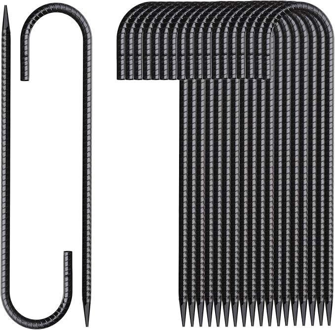 MSWY Rebar Stakes 16 Inch 20 Pack J Hook Ground Stakes Heavy Duty Tent Stakes Chain Link Fence Stakes with Chisel Point End Galvanized Steel Ground Anchors Metal Spikes Black Coated