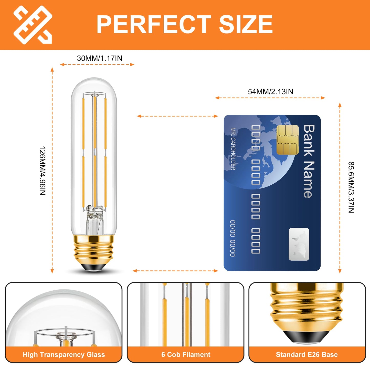 ToBeGreat T30 LED Light Bulbs 6 Watt Equivalent 60W E26 Tubular Bulbs T10 Edison LED Filament Bulb Warm White 2700K,Desk Lamp,Bedbroom Cafe Restaurant Party,Dimmable (Warm White 2700K, 5 in (2pack))
