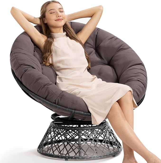 Bme 40" Ergonomic Wicker Papasan Chair with Soft Thick Cushion & Frame, 360° Swivel, Circle, Reading, Comfy Chair for Living Room, Bedroom