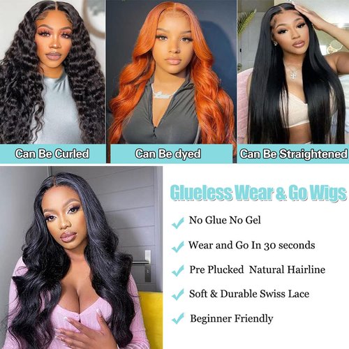 IHEREIN Wear and Go Glueless Wig Precut Lace Human Hair Closure Wig Body Wave Lace Front Wigs Pre Plucked Upgraded No Glue 4x4 Pre Cut Lace Ready to Wear 180% Density 24 Inch