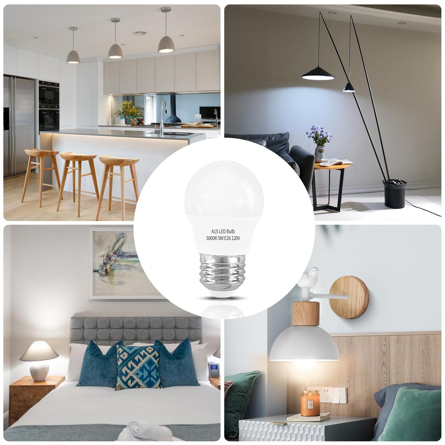 LOXYEE LED Refrigerator Light Bulb 2 Pack，Daylight White 5000K 120V 40W Equivalent Appliance Bulb，A15 5W E26 Base Waterproof Fridge Light Bulbs for Freezer Home Lighting,Small Light Bulb,Dimmable