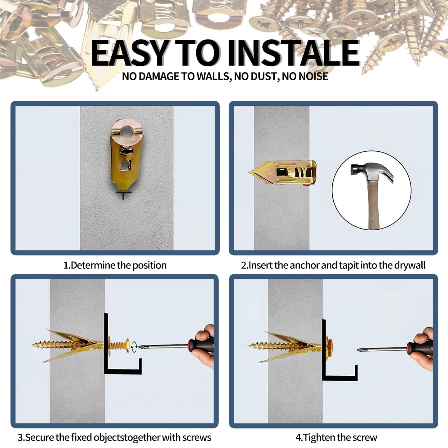 SOPAMI 100 PCS Drywall Self Drilling Anchors with Screws Kit,50 PCS Sheetrock Anchors (0.47X1.18inch) and 50 PCS Screws, Eliminating The Need for Drilling or Punching Holes in The Wall