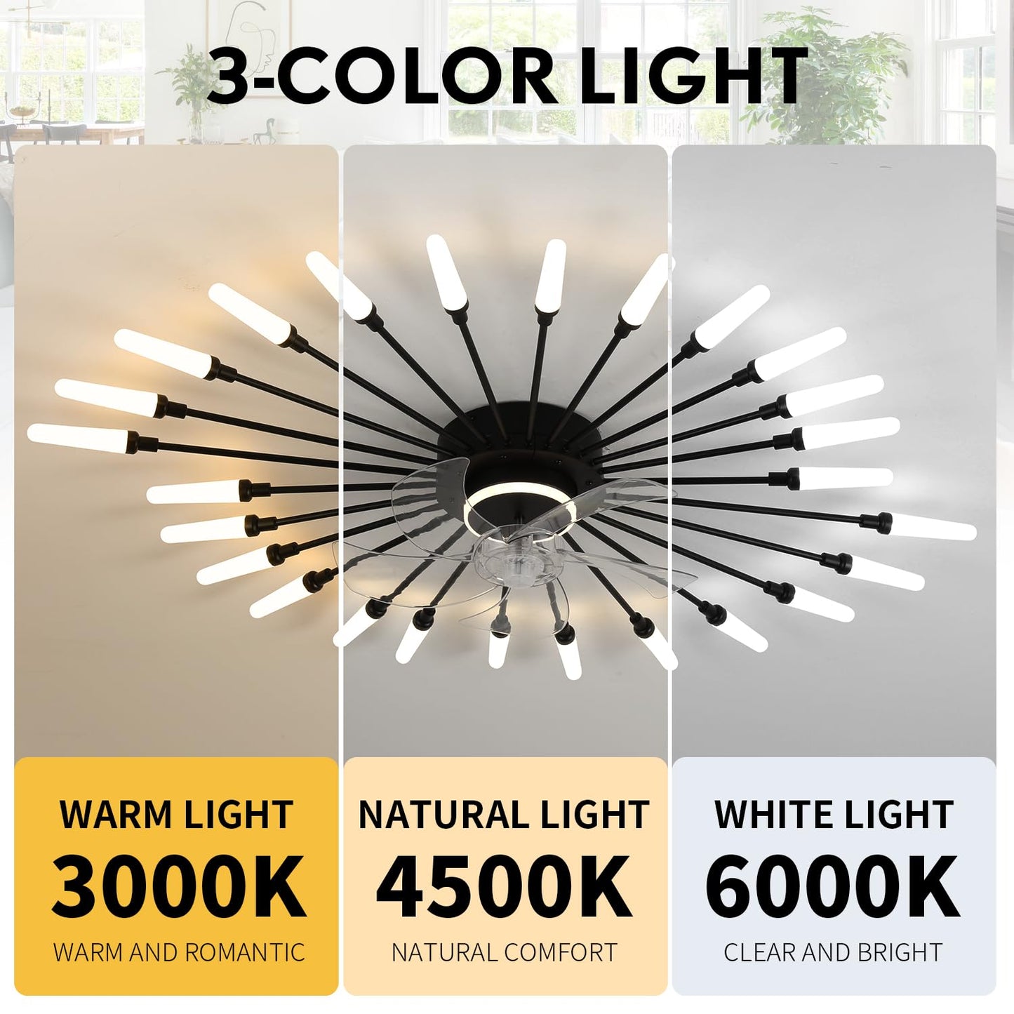 AVLRM 39" Modern Ceiling Fan with Lights,3-Color Dimmable LED, Low Profile Ceiling Fans with 6-Speed Quiet Motor,Flush Mount Ceiling Fan and Remote Control for Living Room,Dining Room,Bedroom