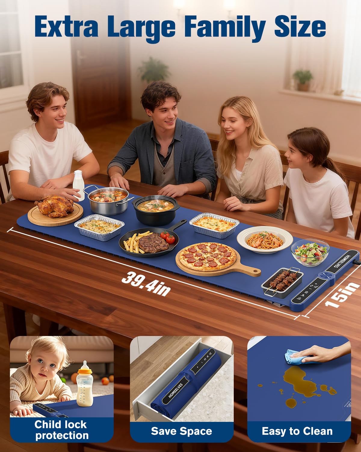 Warming Mat for Food Extra Large 39.4”X15”, 8S Rapid Heating Electric Warming Tray with 9 Temp Setting and 6H Timer, Food Warming Pad, Portable Food Warmers for Parties Buffet, Blue