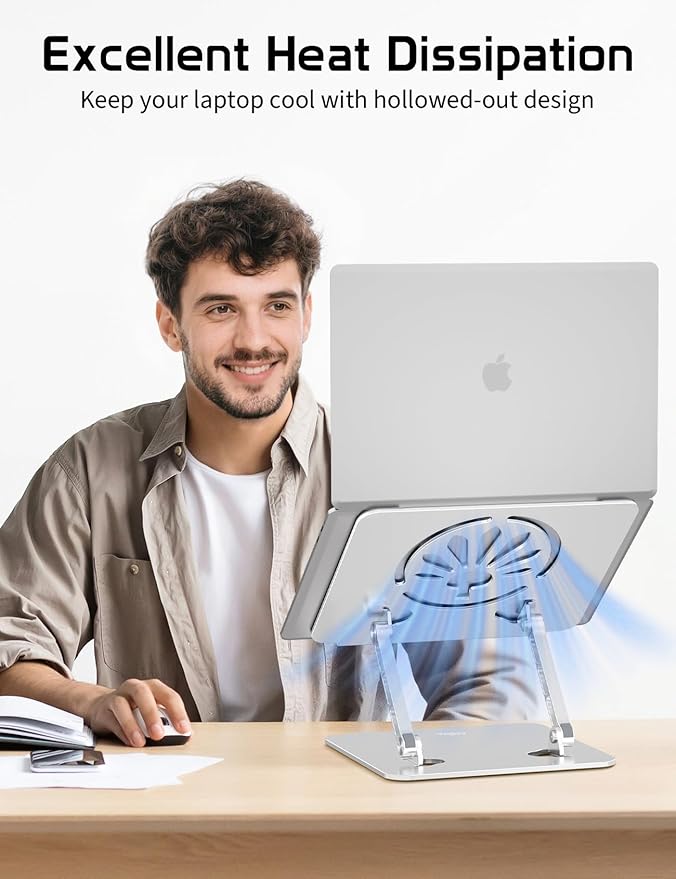 Axbima Aluminum Laptop Stand for Desk – Adjustable Ergonomic Laptop Riser, Foldable & Portable Holder Fit for MacBook & 10"-16" Laptops for Office, Home & Travel,Silver