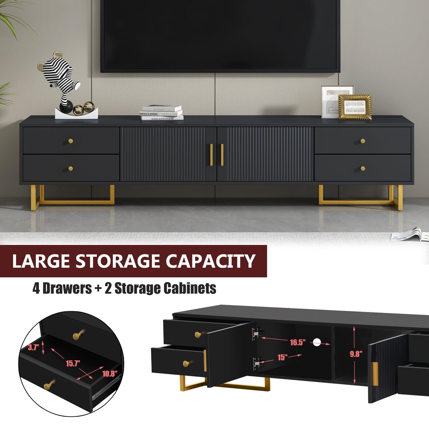 Amposei Modern TV Stand with Drawers for TVs up to 75'', Media Console Storage Cabinet Entertainment Center Furniture for Living Room Bedroom, Gold Metal Legs, 70.9-Inch, Black