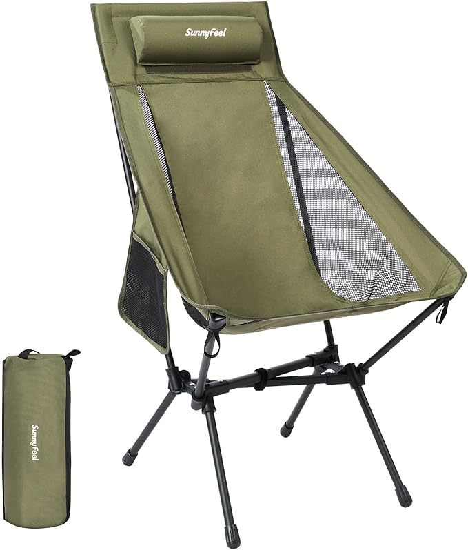 SUNNYFEEL High Back Camping Chair, 15 Second Setup Frame, 330lb Capacity, Portable Backpacking Chair, Lightweight & Compact Folding Camp Chair for Hiking Camping, Army Green