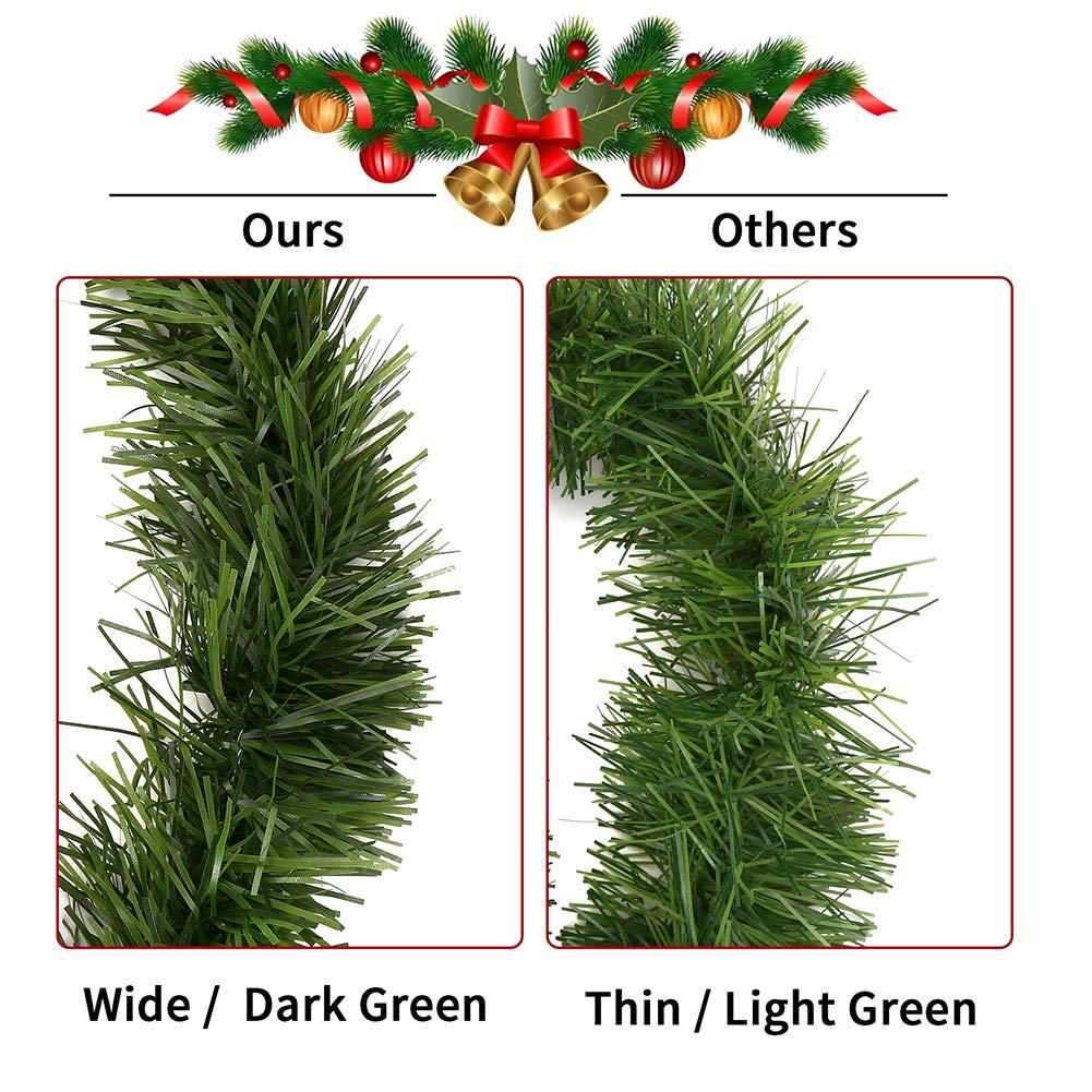 50 Feet Green Tinsel Artificial Pine Decorative Greenery Tinsel Stems Non-Lit Soft Twist Garland 12 Inch x 2Inch for Holiday Season Outdoor Indoor Party Decorations