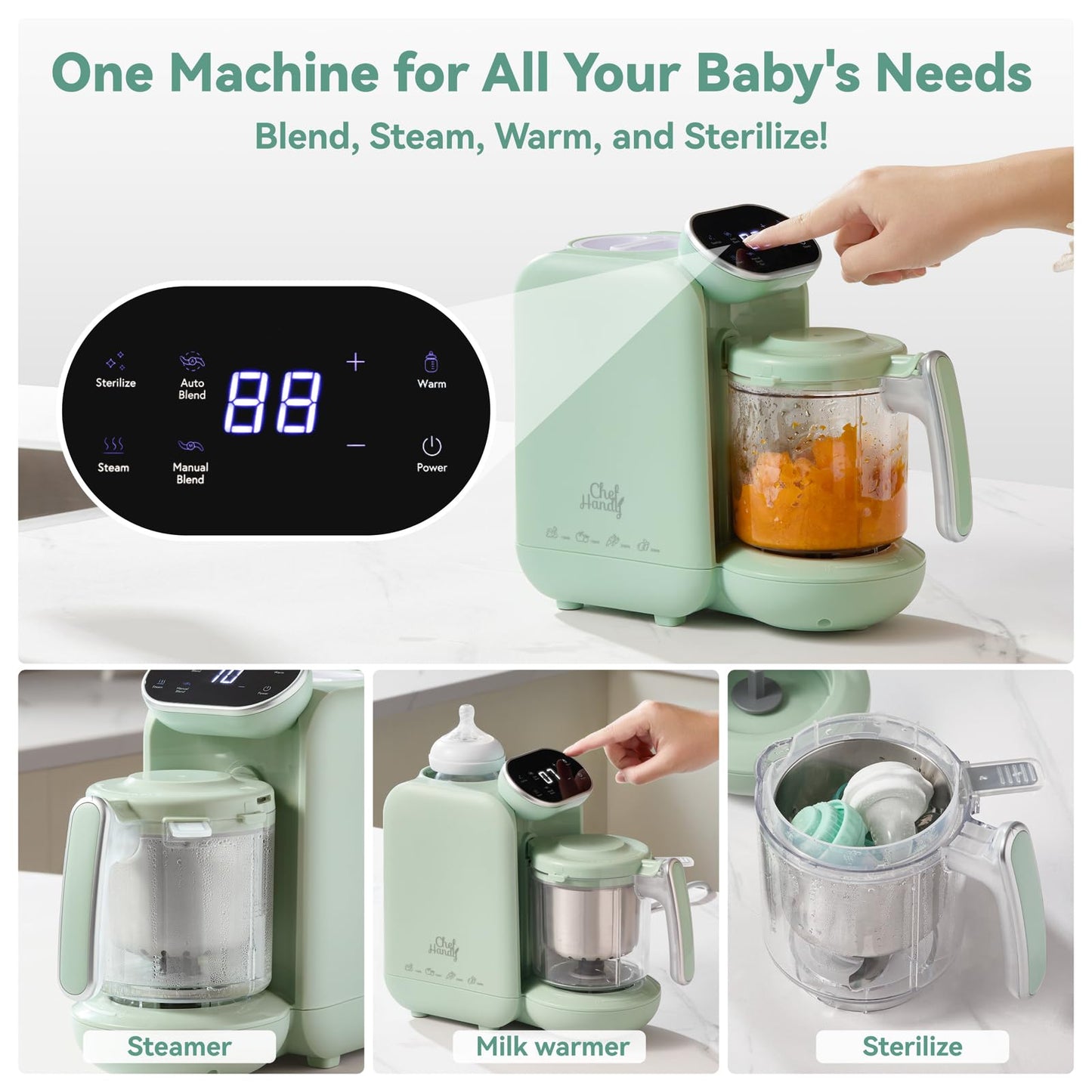 Chefhandy Baby Food Maker with Stainless Steel Steam Basket, One Step 5-in-1 Baby Food Processor Steamer Blender & Steam Cleaning, Auto Cooking, Puree & Baby Warmer with 6 Food Pouches, BPA-Free,Green