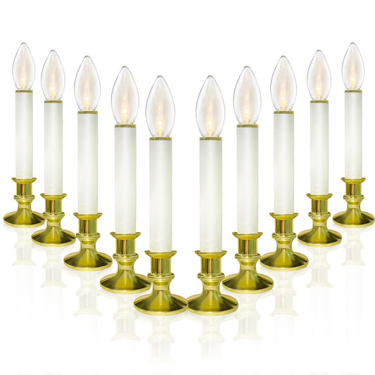 10 Pack Christmas Window Candles with 3V Ultra-Bright LED Warm White Bulbs, LED Battery Operated Window Candles, Gold Base, Flameless Candlestick for Indoor Christmas Window Table Mantel, Steady On