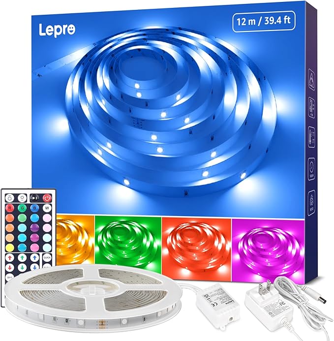 Lepro LED Strip Lights, 39.4Ft RGB LED Strips, 5050 SMD LED Color Changing Strip Light with 44 Keys Remote Controller and ...