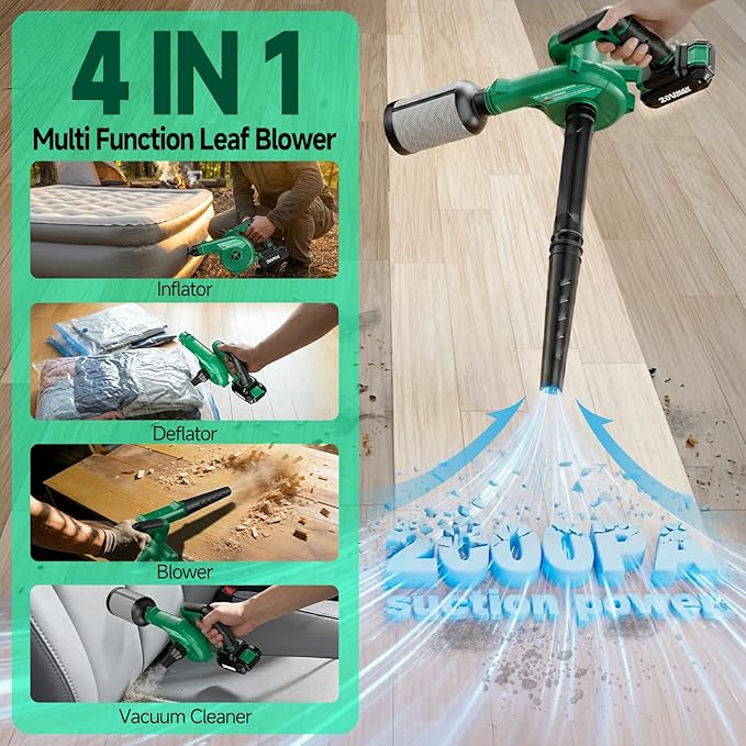 KIMO Cordless Leaf Blower and Vacuum Combo 4 in 1, 3 Nozzles for Inflation & Deflation, 3Modes & Variable Speed Up to 200CFM/150MPH with Reusable Bag, 2Pack Battery Operated Leaf Blowers for Lawn Care
