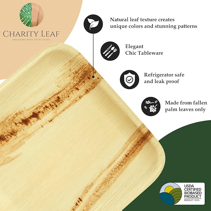 Charity Leaf Disposable Palm Leaf 9" Square Plates (50 pieces) Bamboo Like Serving Platters, Disposable Boards, Eco-Friendly Dinnerware For Weddings, Catering, Events