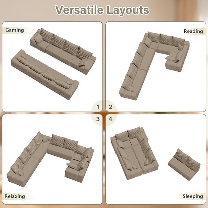 Sectional Cloud Couch for Living Room, Modular Floor Deep-Seat Sofa, Big Comfy Corduroy Couches Set with Fluffy Memory Foam, Stupendous U Shaped Sofas with 12 Pillows, No Assembly Required, Camel