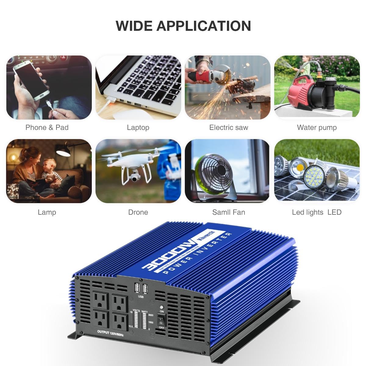 Kinverch 3000W Power Inverter 12V Dc To 110V Ac Car Battery Inverter With 4 Ac Outlets /2 Usb Port, Car Inverter For Home/Truck/