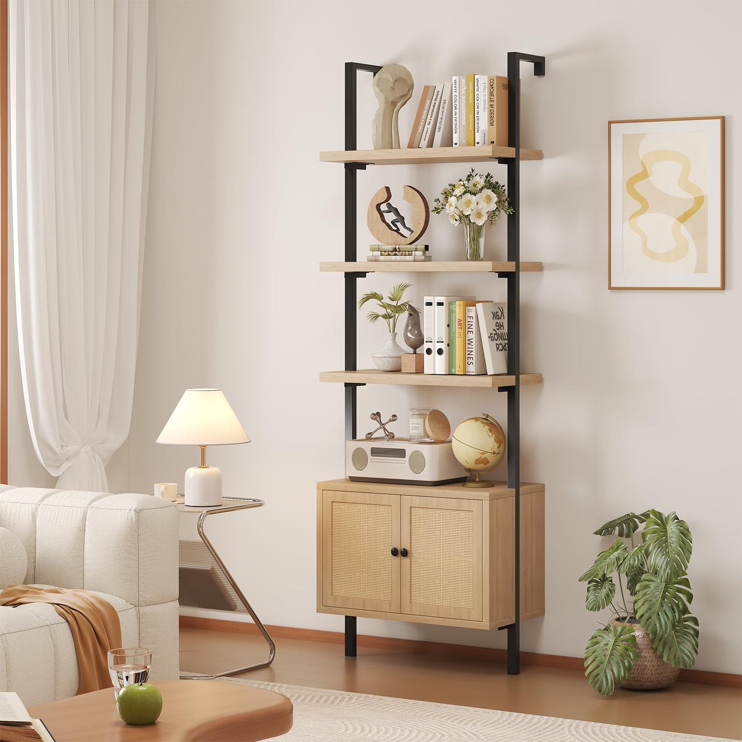 Airynee Ladder Bookshelf, 4 Tier Book Shelf with Rattan Cabinet, Wall Mount Bookshelves and Bookcases with Metal Frame, Anti Dump, Tall Bookcase for Living Room, Home Office, Bedroom