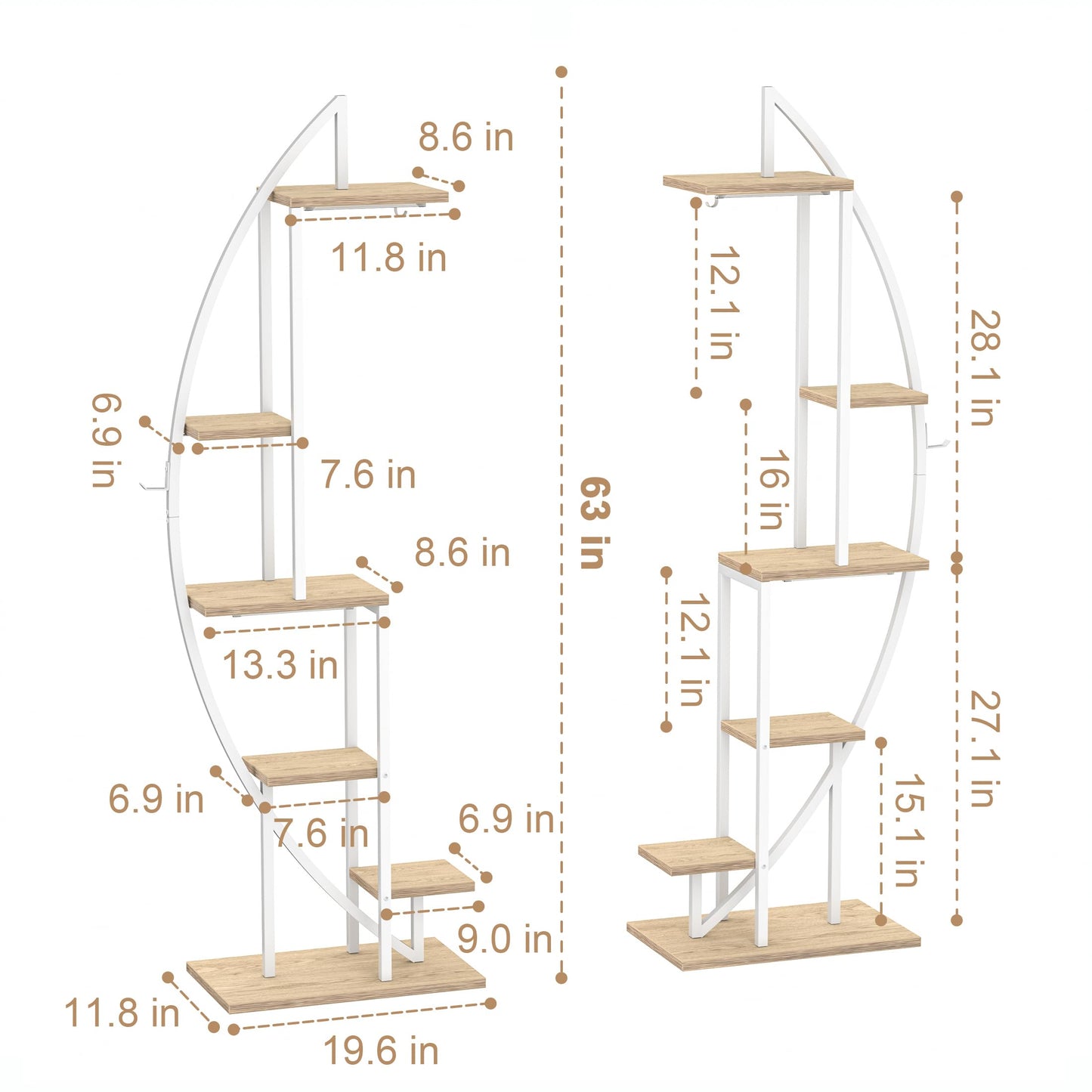 BACEKOLL 63" Metal Plant Stand Indoor With Grow Lights - 6 Tiered Tall Shelf for Multiple Plants, Half-Moon Rack Display, Holder for Living Room, Patio - White